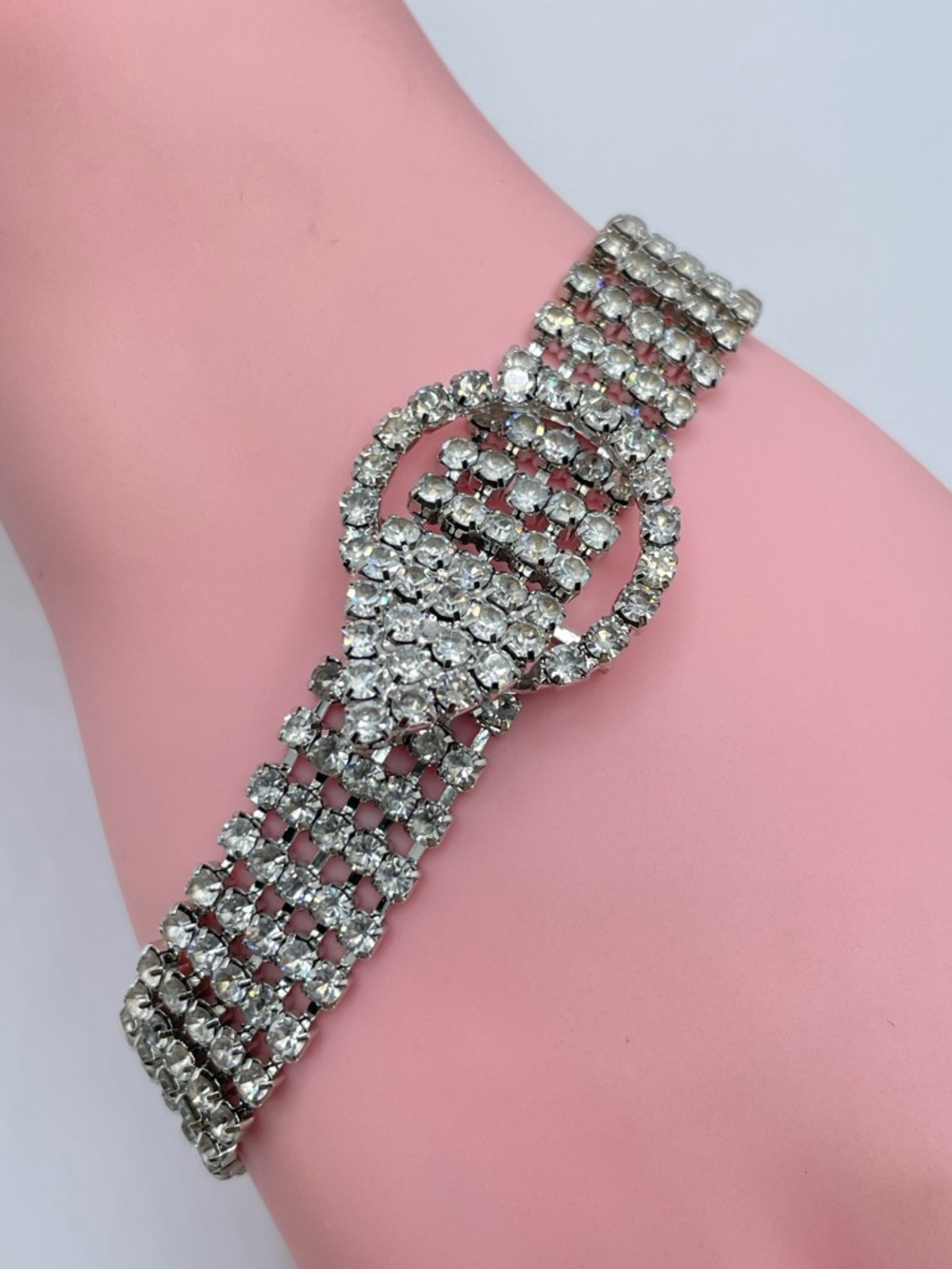 Silver Tone Rhinestone Statement Bracelet Wide Multi Row Crystal Glam